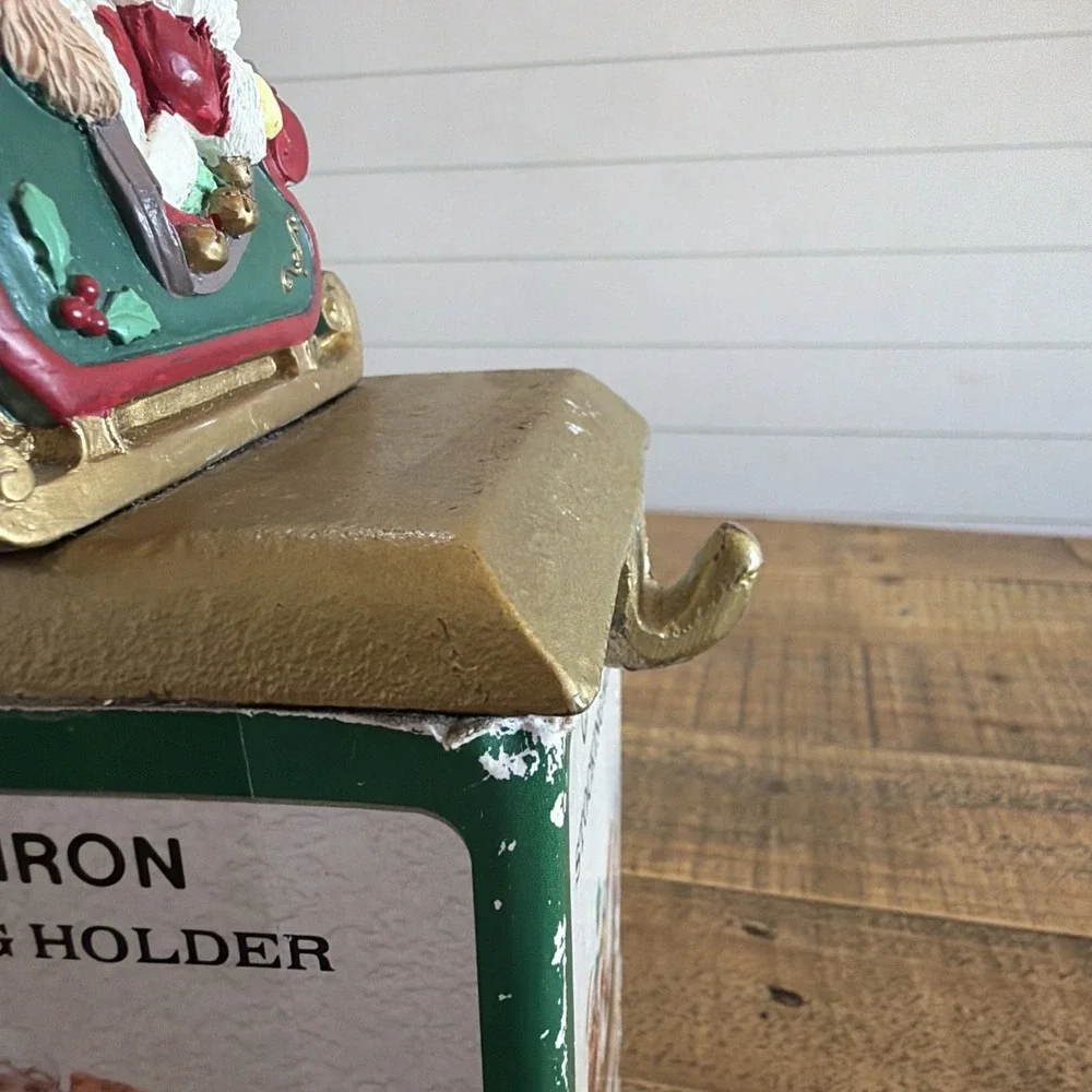 Cast Iron Base Santa On Sleigh With Birds Christmas Stocking Holder Vintage